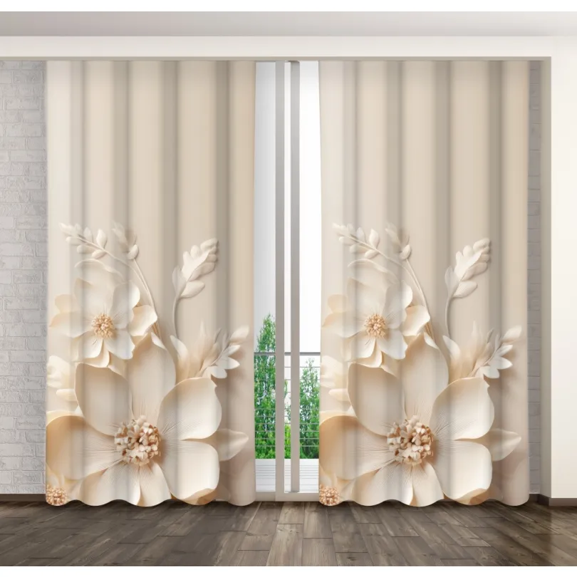 Dekoračný záves krémový s kvetinovým vzorom
