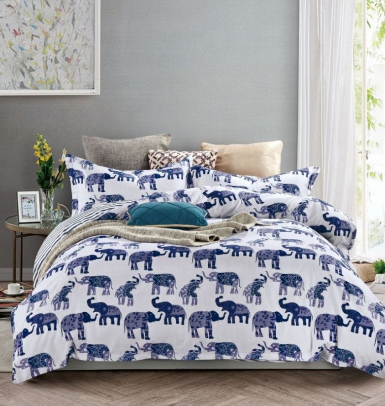 Bielo modré posteľné obliečky obojstranné s motívom slonov