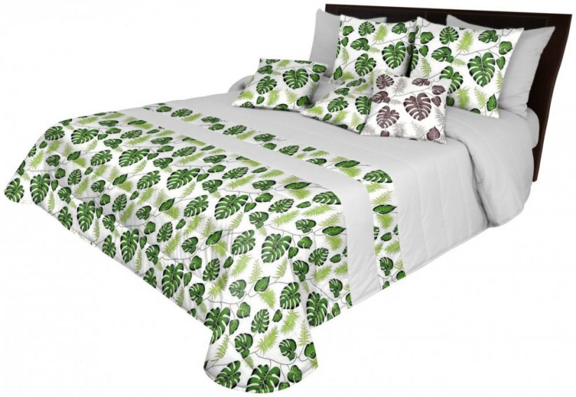 Šedý přehoz na postel s motivem zelených listů