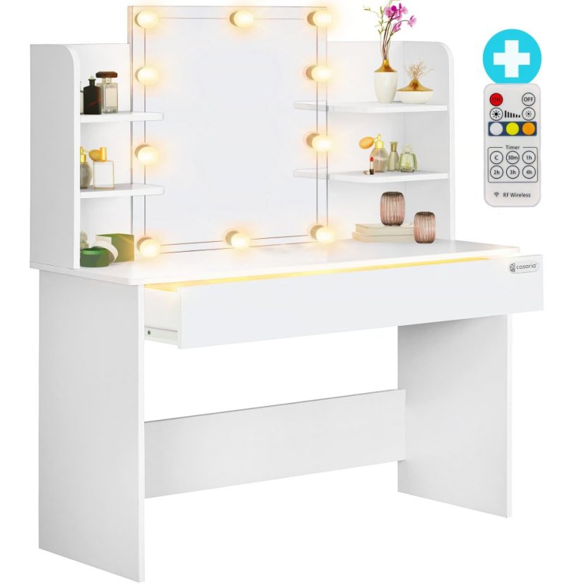 Toeletta Lucia con illuminazione LED, specchio, cassetto e ripiani 140 x 110 x 40 cm