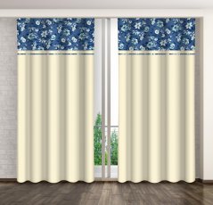 Cremefarbener Deko-Vorhang mit weißem und blauem Blumendruck