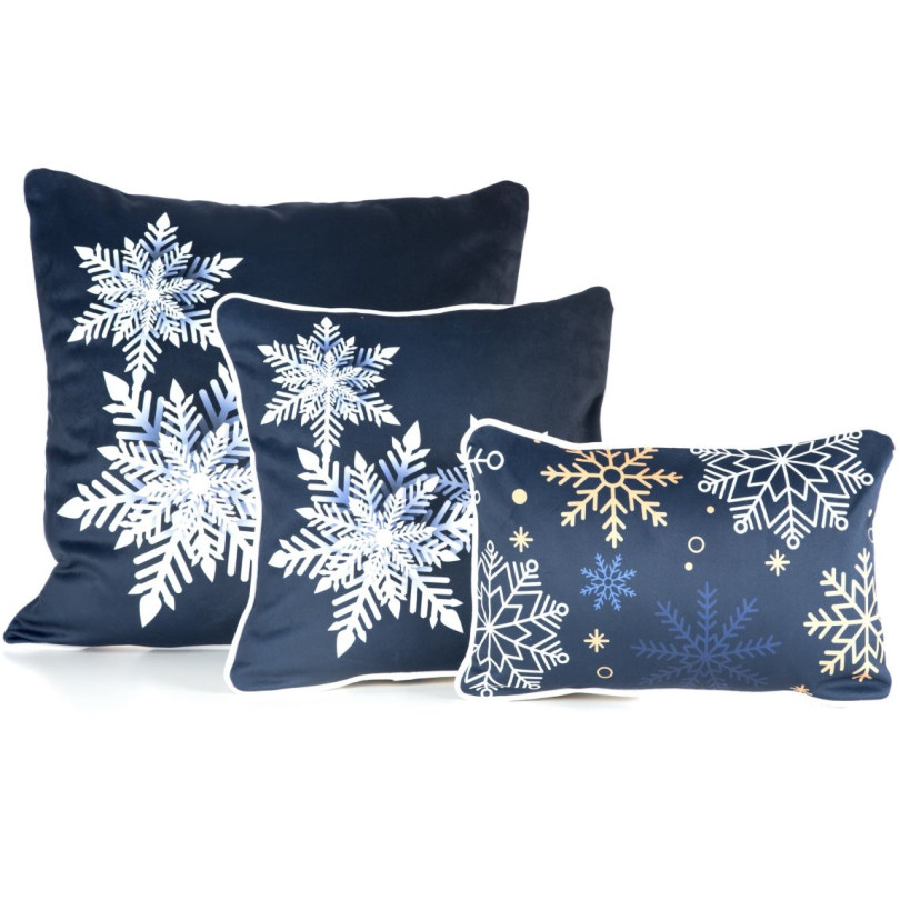 Modrá vianočná obliečka na vankúš zdobená snehovými vločkami