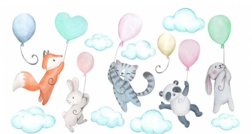 Dekorativer Wandaufkleber für Kinder Tiere mit Luftballons - Größe: 120 x 240 cm