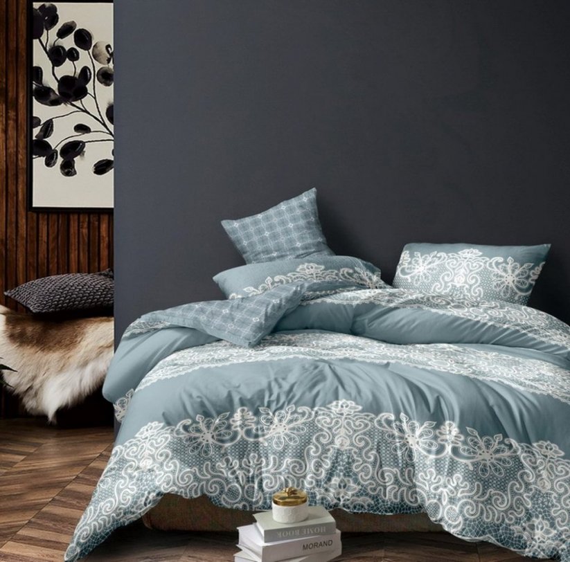 Lenjerie de pat frumoasă din microfibră gri, cu ornamente albe