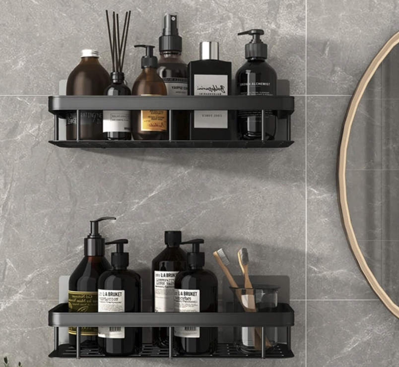 Súprava 2 hliníkových kúpeľňových poličiek s háčikmi