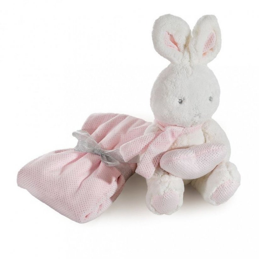 Luxusní růžová dětská deka pro holčičku v dárkové sadě s hračkou