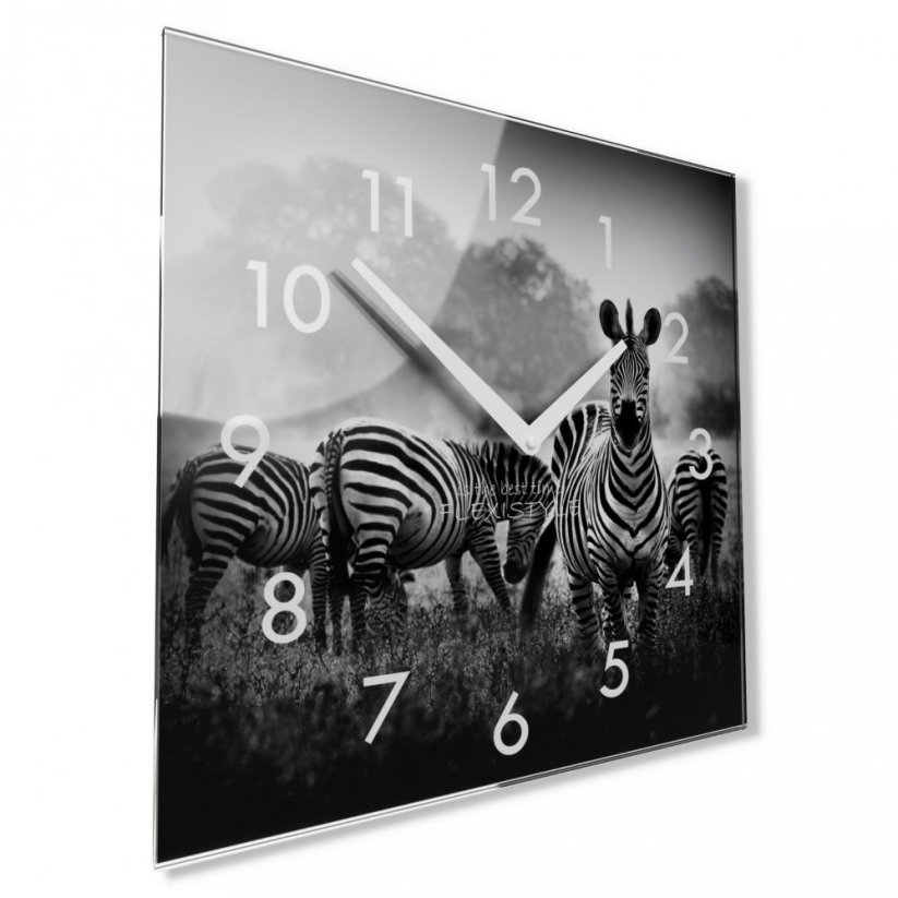 Dekoračné čierno biele sklenené hodiny 30 cm s motívom zebry