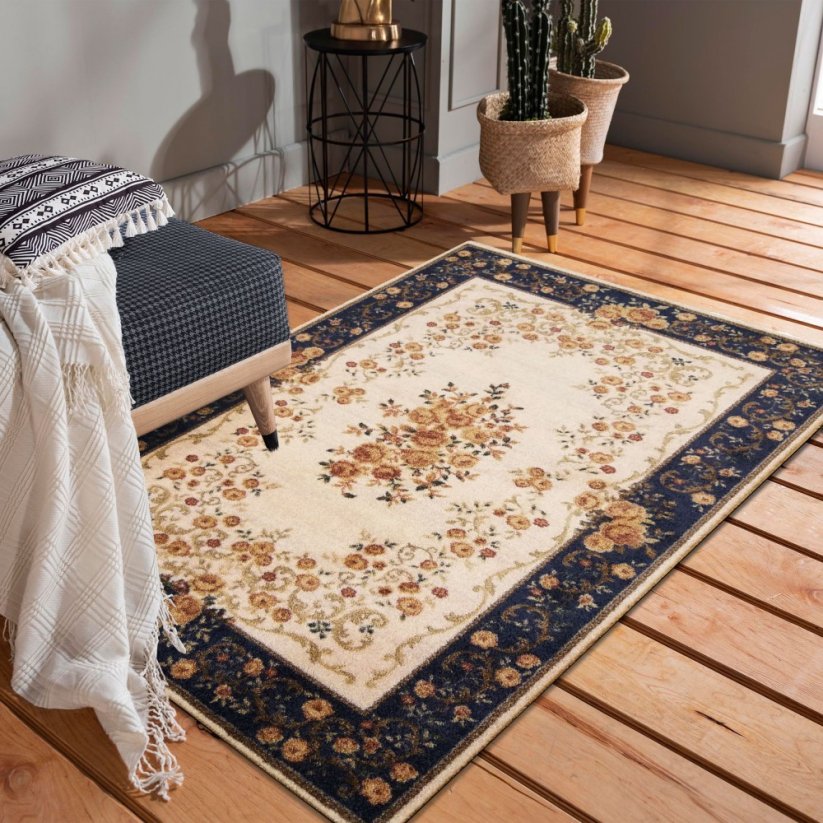 Hochwertiger cremeblauer Teppich mit Blumenmotiv