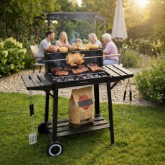 Grătar de grădină cu cărbune, scuipat, grătar superior și rafturi