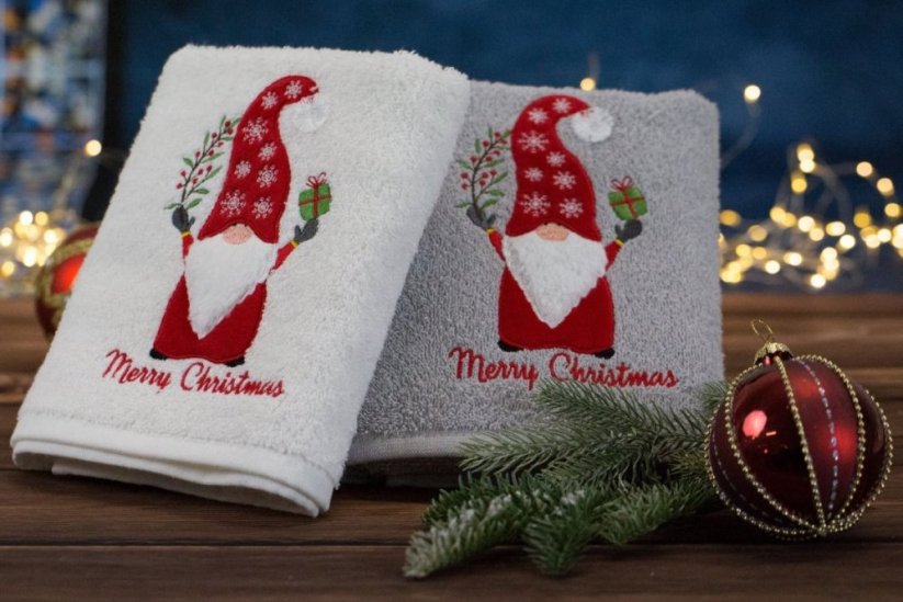 Bavlněný šedý ručník s vánočním trpaslíkem
