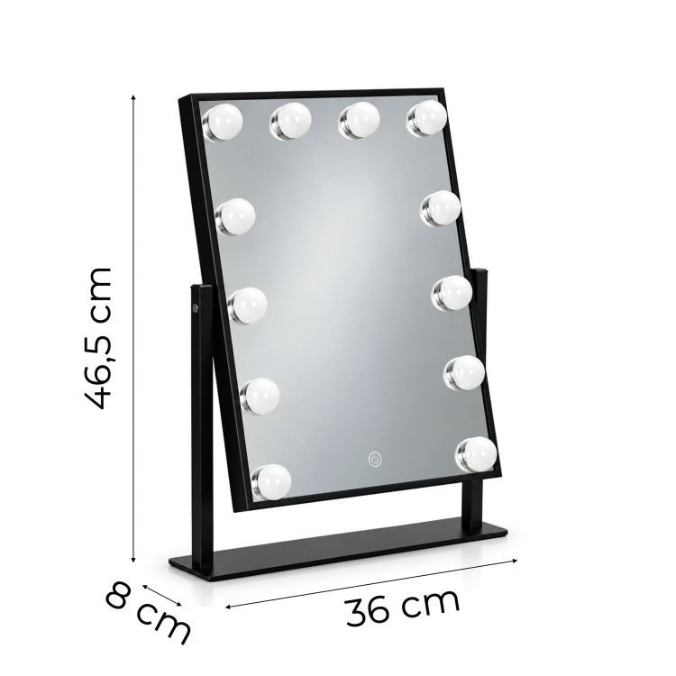Černé kosmetické zrcátko v hollywoodském stylu s LED osvětlením a dotykovým ovládáním – 30 x 40 cm