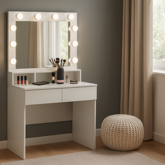 Tavolino da toilette bianco con specchio a LED, cassetti e scomparti