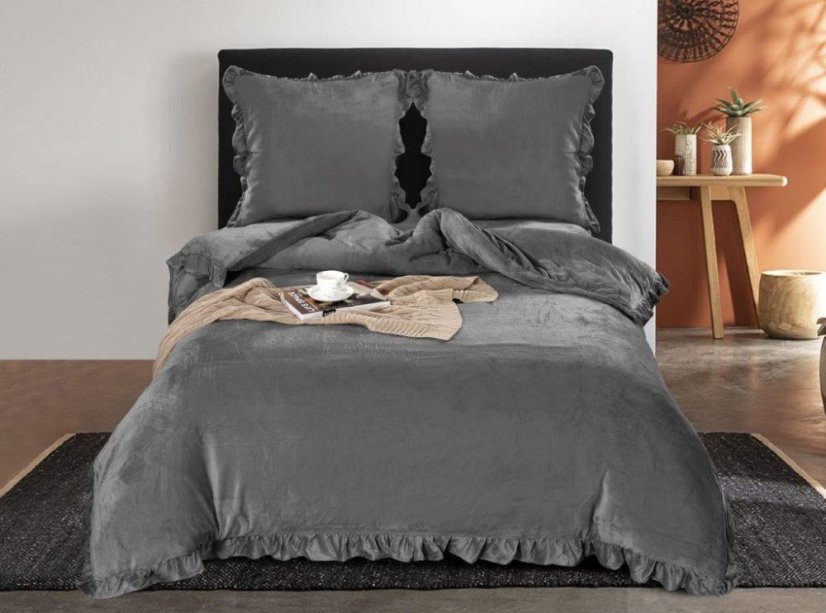 Bársony ágynemű fodros fodrokkal - antracit