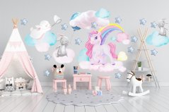 Autocolant de perete pentru fete unicorn și iepurași pe cer