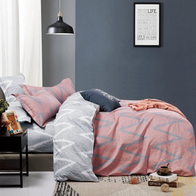 Lenjerie de pat reversibilă, elegantă, roz-gri, în design etno