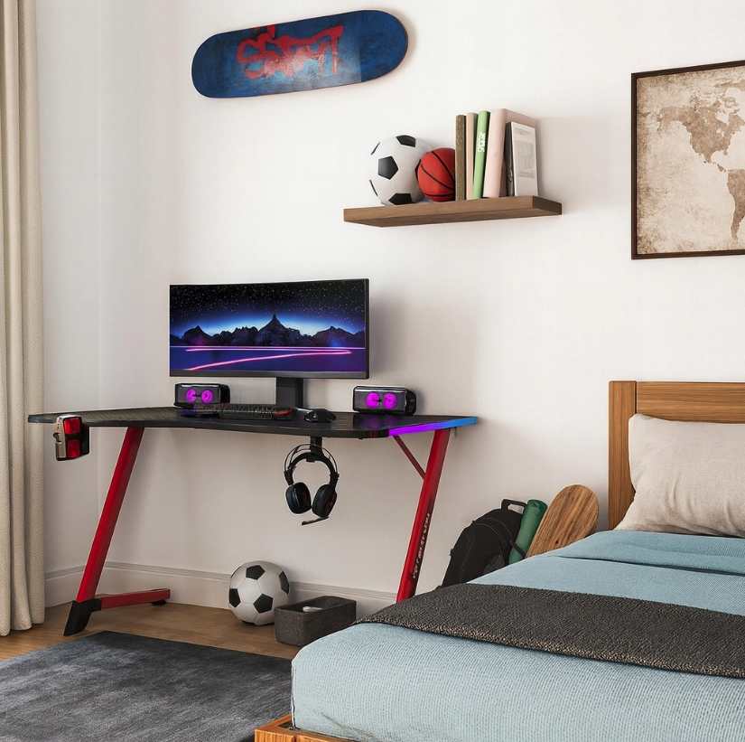 Čierno-červený herný stôl, PC stôl s LED osvetlením RGB