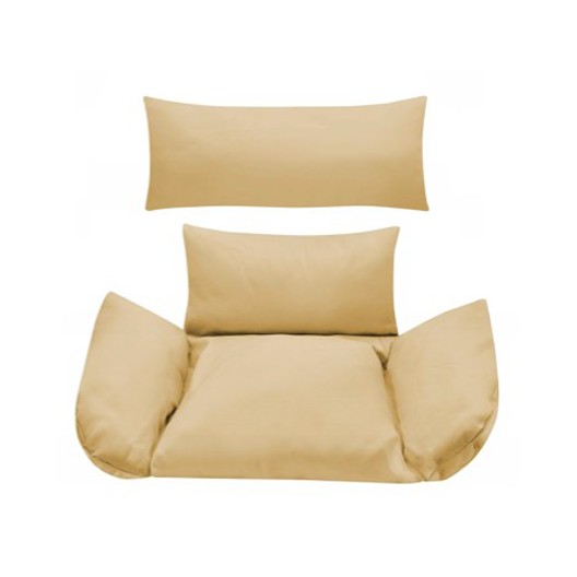 Štýlové závesné kreslo čiernej farby s rôznymi vankúšmi