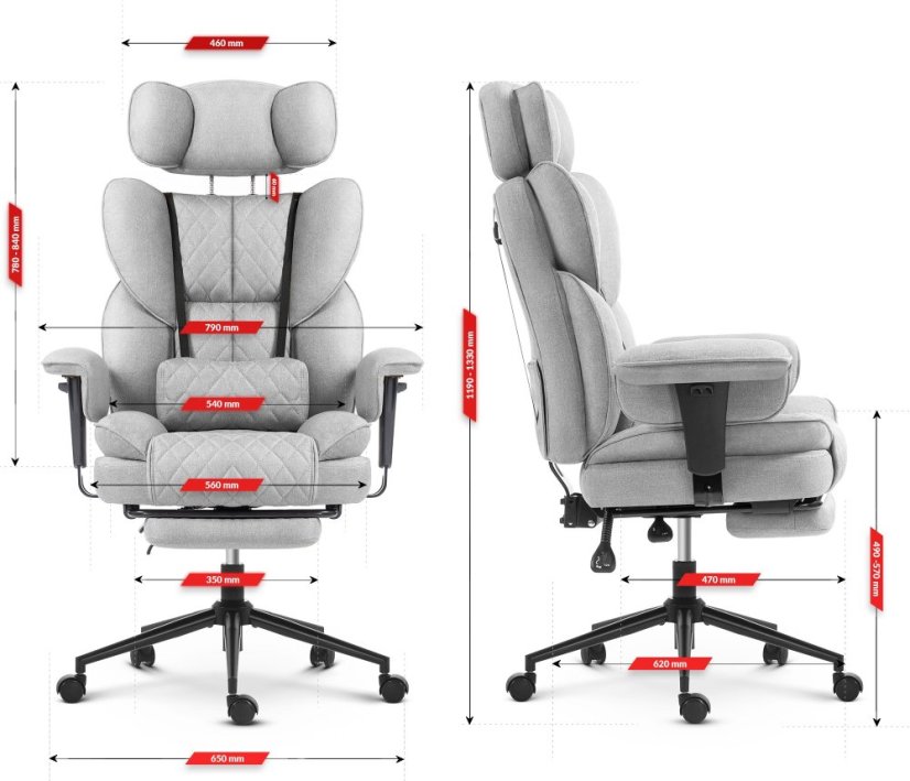 HC-1037 ergonomikus irodai fotel lábtartóval – szürke szövet