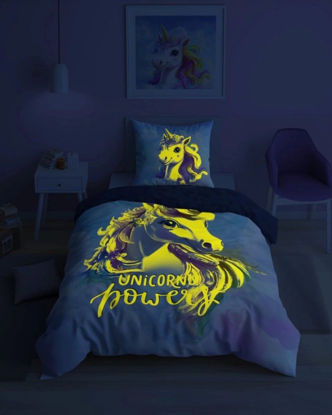 Biancheria da letto per bambini con unicorno magico, che si illumina al buio
