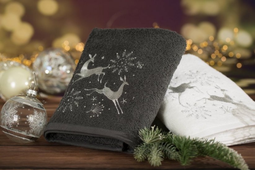 Bavlnený vianočný uterák sivý so sobmi