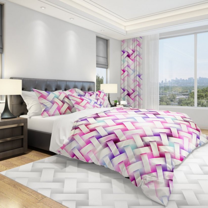 Moderní bílí povlak do ložnice s růžovým vzorem