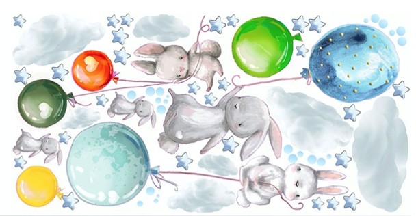 Barevná nálepka do dětského pokoje zajíčci na balónech - Rozměr nálepky: 60 x 120 cm