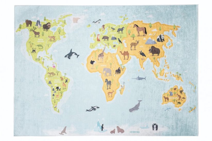 Covor pentru copii cu o hartă a lumii și animale