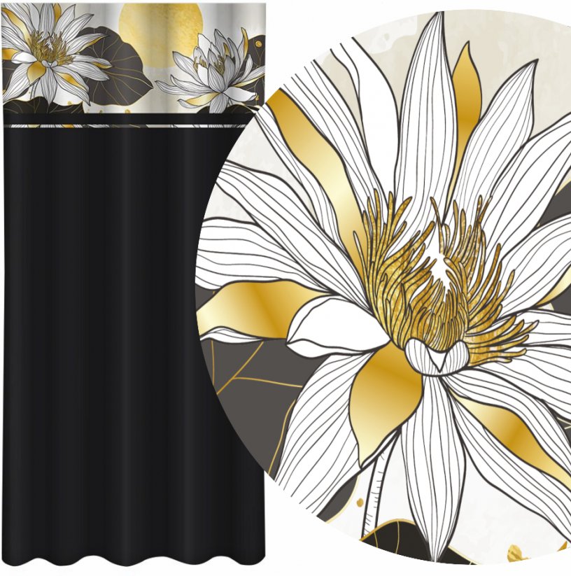 Klasična črna zavesa s potiskom lotosovih cvetov