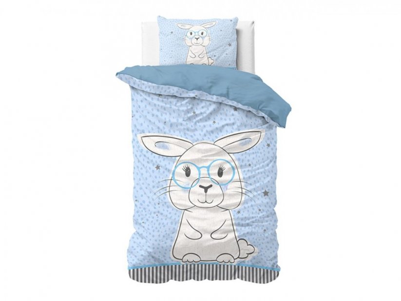 Krásna modrá detská posteľná obliečka s veľkým motívom zajaca