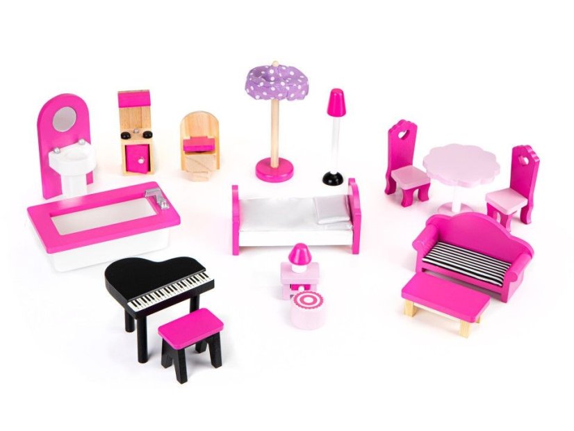 Fából készült babaház LED világítással és bútorokkal