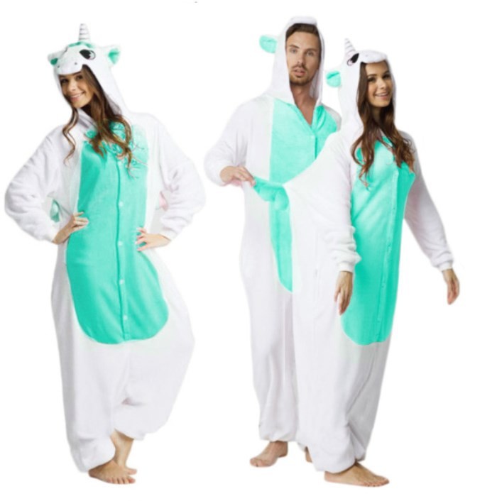 Tyrkysově bílý kigurumi overal s motivem jednorožce velikost L