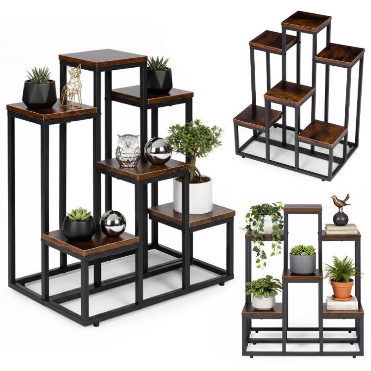 Loft Blumenständer - 6 Ablagen, schwarzer Stahl und Holzdekor