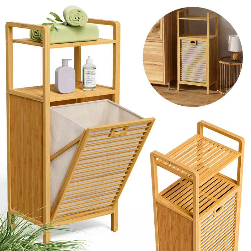 Bambusz polc 36 literes billenő szennyeskosárral - 95 x 40 x 30 cm