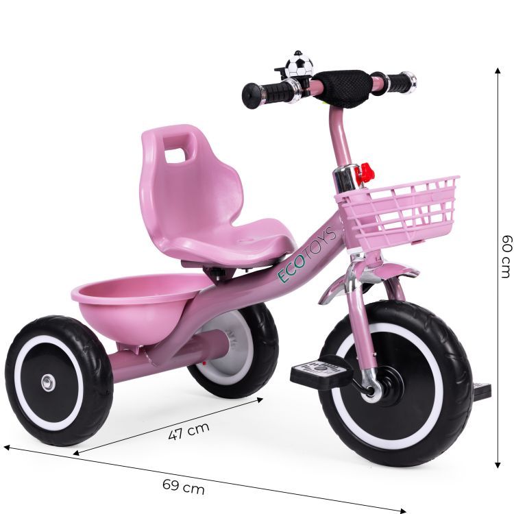 Triciclo rosa per bambini con campanello e cestino