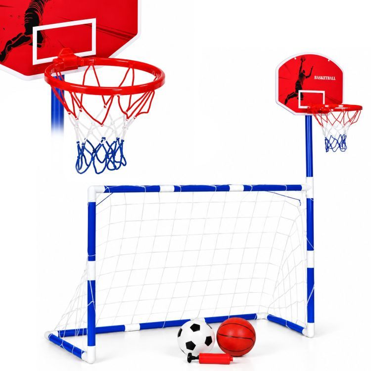 Detská športová súprava 2 v 1 – futbalová bránka a basketbalový kôš s loptami