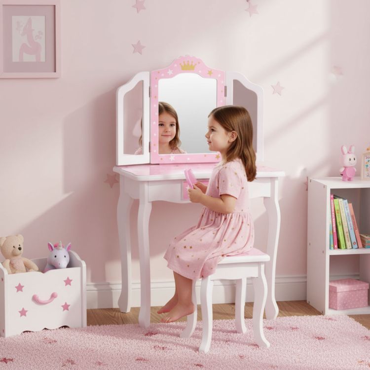 Masă cosmetică pentru copii cu oglindă triplă și taburet