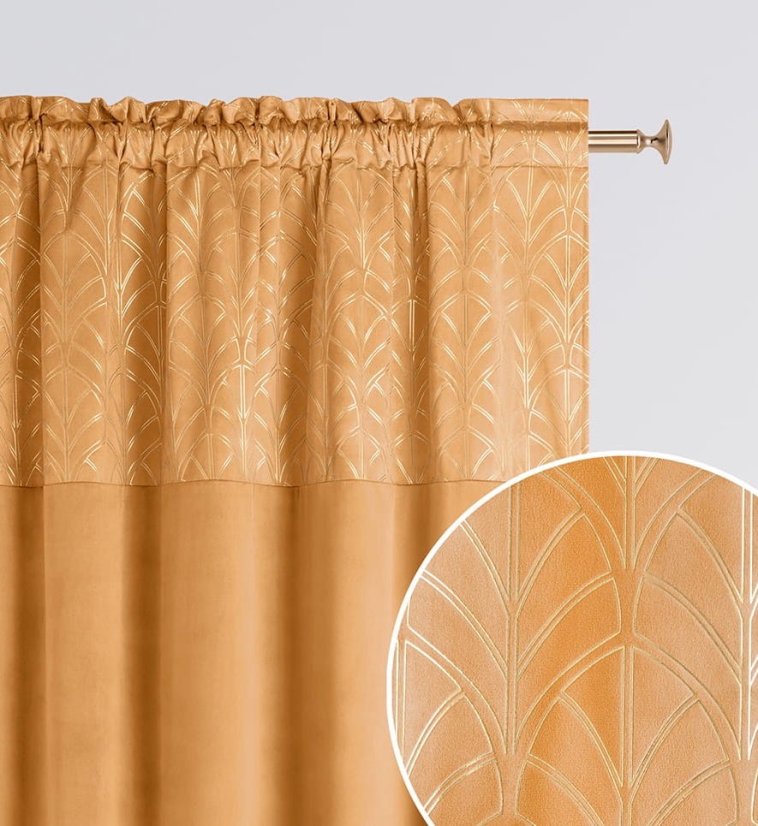Horčicovo žltý zatemňujúci záves s elegantným vzorom na riasiacu pásku 140x280 cm