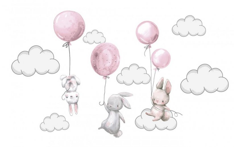 Детски стикер за стена за малко момиче Весели зайчета с розови балони 80 x 76 cm