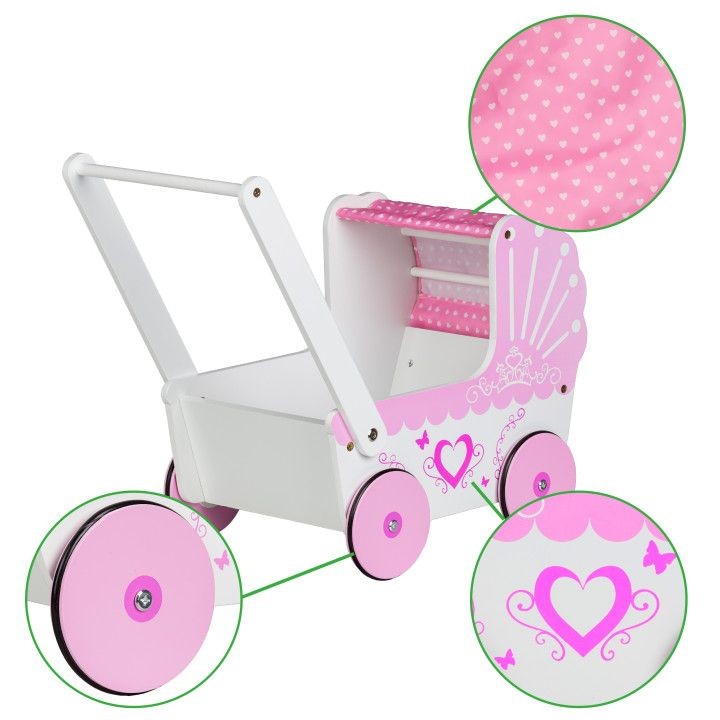 Holzkinderwagen für Puppen in rosa