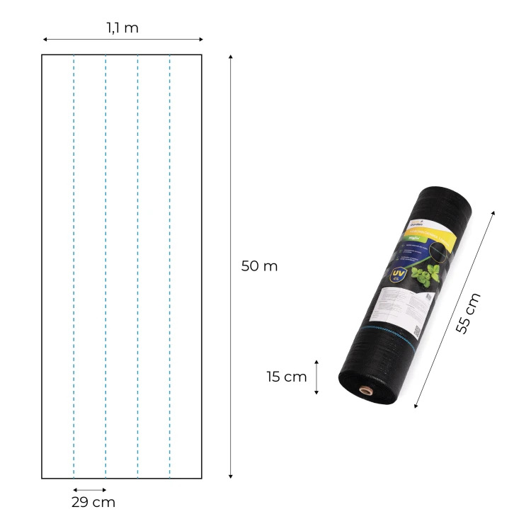 Agrotekstil proti plevelu 90 g/m² + 50 pritrdilnih zatičev - Velikost: Šírka: 1,1 m | Dĺžka: 50 m