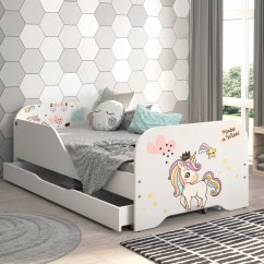 Kinderbett MIKI 160 x 80 cm mit Regenbogen-Einhorn-Motiv