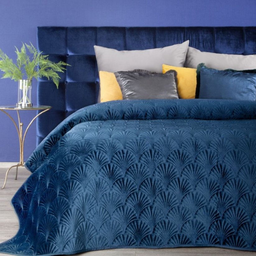 Cuvertură de pat albastru catifea cu matlasare originală