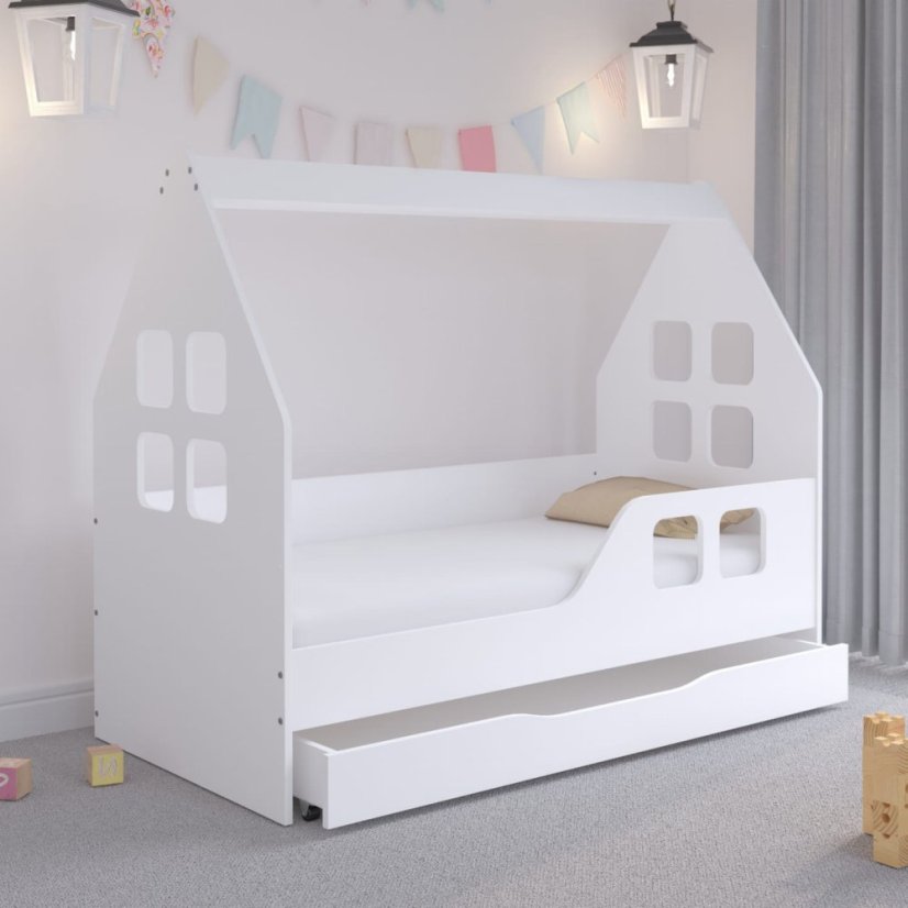 Okúzľujúca detská posteľ so šuflíkom 160 x 80 cm bielej farby v tvare domčeka