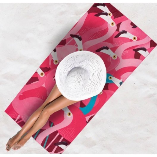 Розова плажна кърпа с фламинго