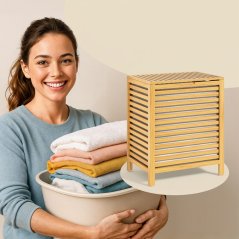 62 l-es bambusz szennyeskosár kivehető pamutzsákkal és fedéllel