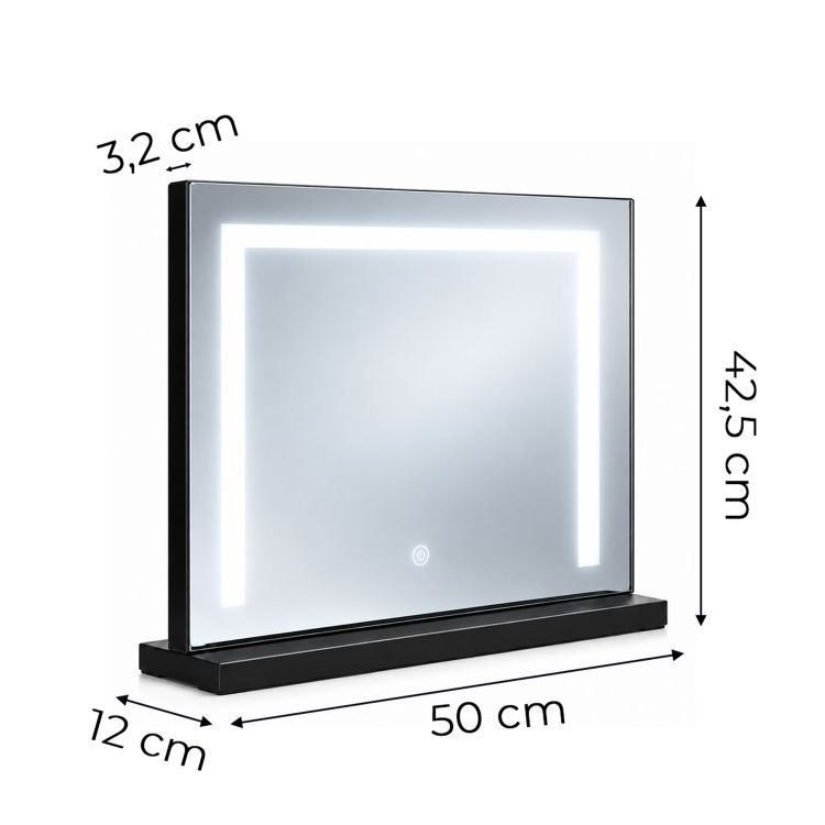 Černé kosmetické zrcátko v hollywoodském stylu s LED osvětlením a dotykovým ovládáním – 50 x 40 cm