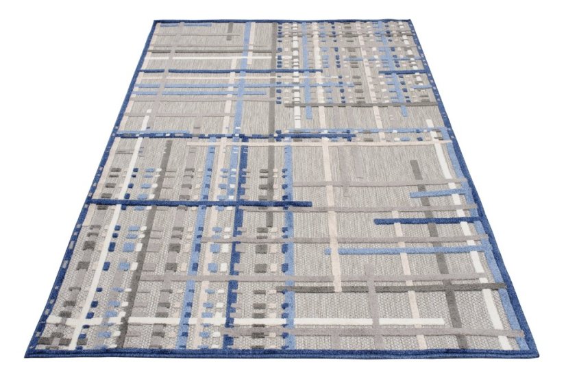 Grauer Terrassenteppich mit blauem Muster