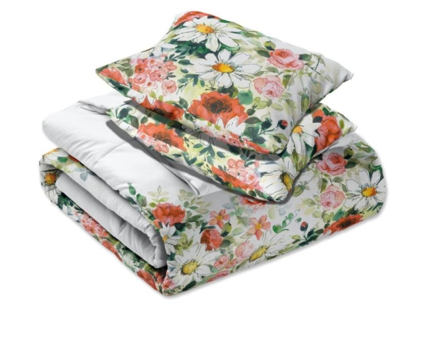 Obliečky s bavlneného saténu - margarétky a ruže na bielom podklade