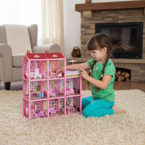 Háromszintes babaház erkéllyel - baba + 22 db bútor