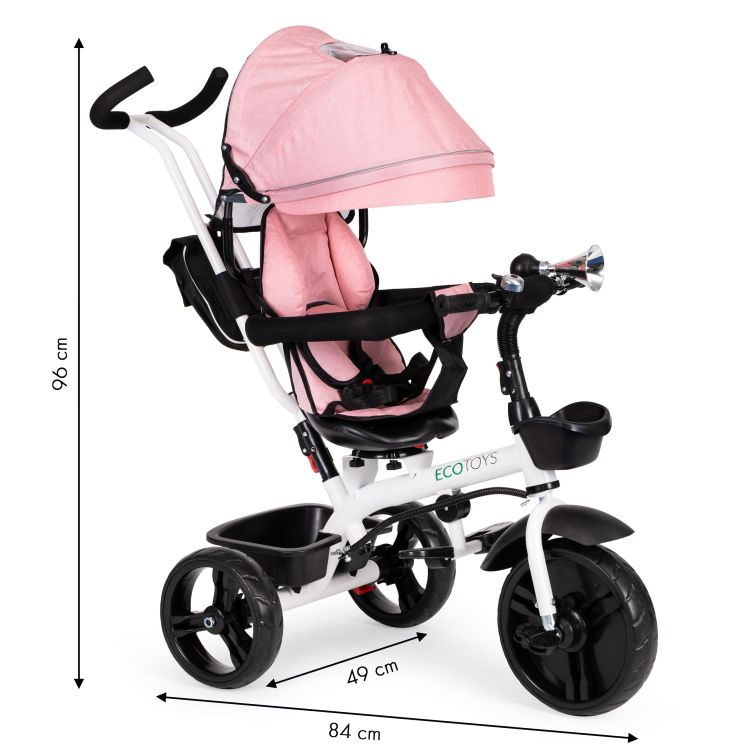 Růžová otočná tříkolka se střechou ECOTOYS